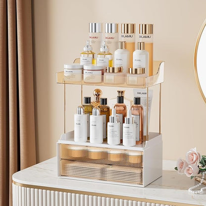 Delamu Bathroom Organizers and Storage, 2 Tier 2 Drawer Makeup Organizer Countertop, Easy to Install, Ideal for Bathroom Counter, Vanity, Ideal for Women Girls, Amber