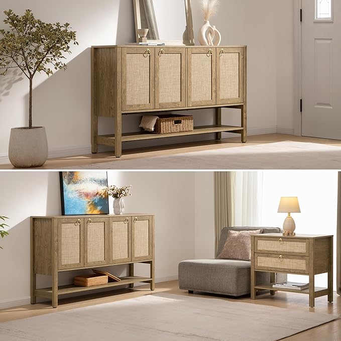 SICOTAS Rattan Sideboard Buffet Cabinet with Open Storage - Large Storage Cabinet with 4-Doors and Adjustable Shelves, Boho Credenza Coffee Bar Cabinets Buffet Table Console Table for Kitchen,Hallway
