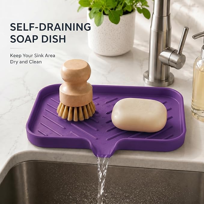 MicoYang Silicone Soap Dish with Drain Spout — Self-Draining Sink Organizer Tray for Bathroom & Kitchen, Sponges, Dispensers & Soap Holder, Non-Slip & Dishwasher Safe, Purple (Medium, 9.6"×5.3")