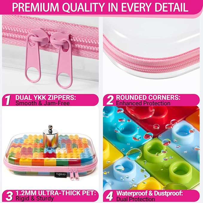 6 Pack Pink Clear Hard Shell Beauty Organizer (2M+4S), 1.2mm Heavy Duty Crush-Proof Cosmetic Case, Reinforced YKK Zippers, Stadium Approved Security Bag for Skincare & Electronics, Multi-Size Set