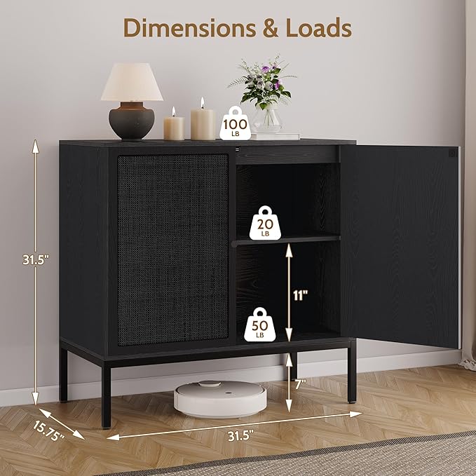 Yechen Full Black Rattan Cabient, Boho Sideboard Cabinet with Natural Rattan Decorated Doors, 31.5" W Accent Cane Credenza Buffet Console Storage, for Living Room Entryway Kitchen, Metal Legs/Set of 3