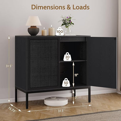 Yechen Set of 2 Full Black Rattan Cabinet, Farmhouse Sideboard Cabinet with Natural Rattan Decorated Doors, Accent Cane Credenza Buffet Console Storage, for Living Room Entryway Kitchen, Metal Legs