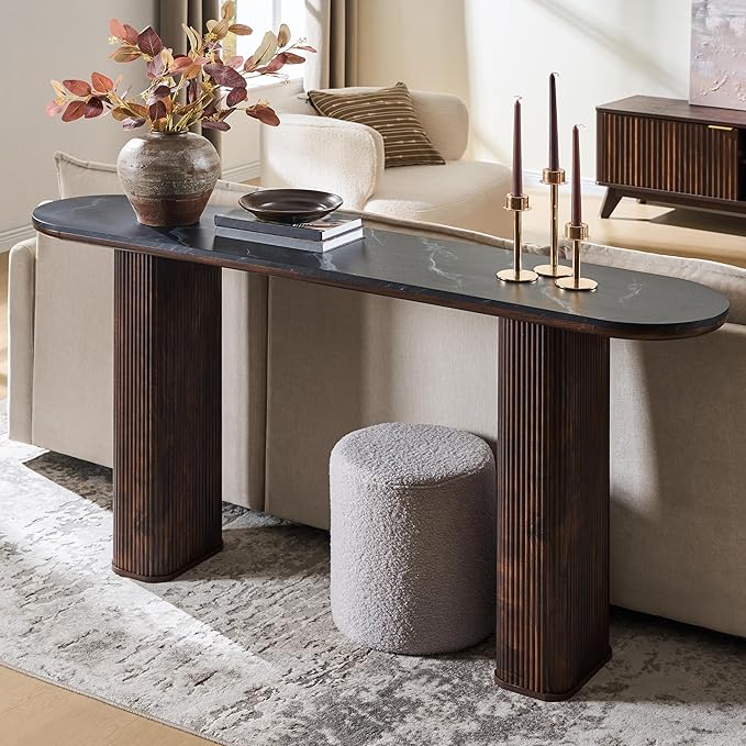 OKD 63 Inch Modern Console Table with Arc Faux Marble Texture Top, Fluted Wood Base, Contemporary Entryway Sofa Table for Living Room, Hallway, Foyer, Dark Walnut