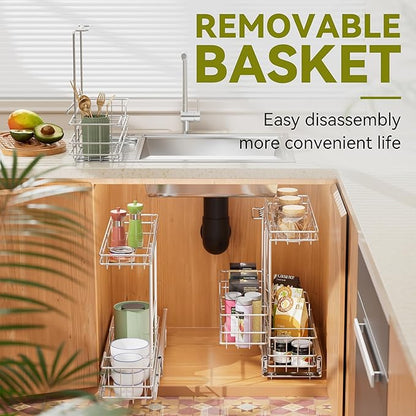 2 Tier Under Sink Organizer 11" W X18 D, Pull Out Cabinet Organizer One Removable Basket, Under Sink Slide Out Chrome Plated, Under Kitchen Bathroom Sink Organizer, 2 Pack