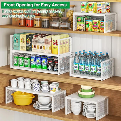 2 Pack Expandable Storage Cabinet, Stackable Pantry and Kitchen Organizers Shelf, Countertop Cabinet Storage Shelves Organizers, Spice Rack, Metal Storage Bins for Spice Can Plate Mug Cups, White