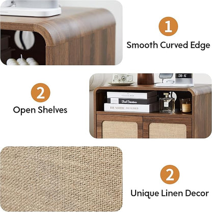 24" Large Side Table with Charging Station, Mid Century Modern End Table with USB/Type-C Ports, Curved Wood Nightstand with Storage & Natural Linen, Couch Side Table for Living Room Bedroom, Walnut