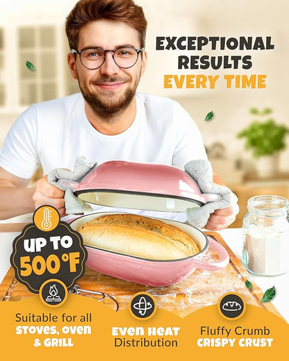 Loaf Pan for Bread Baking - incl. Sourdough Bread-Baking Supplies like Banneton Bread-Proofing Basket - 2QT Enameled Oval Cast Iron Dutch Oven, Bread-Oven, Sour Dough Bread-Banking-Pan Tools