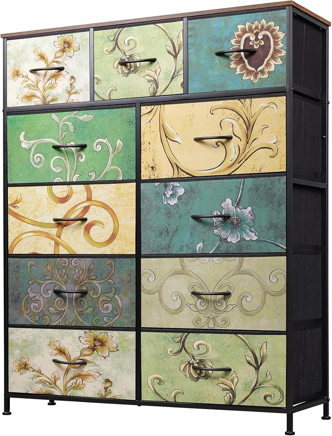 Tall Console Table with 11 Fabric Drawers, Entryway Table with Storage, Tall Storage Organizer with Wood Top, Steel Frame for Living Room, Hallway, Office, Floral Painted