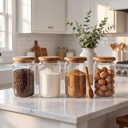 4-Pack 23 oz Glass Jars with Wooden Lids, Spice Jars | Wide mouth for scooping. Solid acacia wood lids & spoons (no plastic). Airtight seal. For coffee, oats, spices, dry goods.