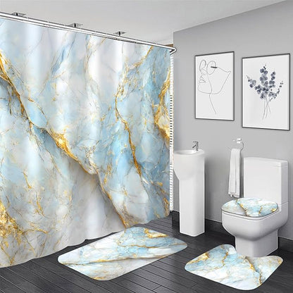 Nkzply 4 Pcs Blue Marble Shower Curtain Set White Bathroom Sets with Shower Curtain and Rugs Gold Modern Abstract Bathroom Decor Accessories Bathroom Rugs Toilet Lid Cover with Hooks