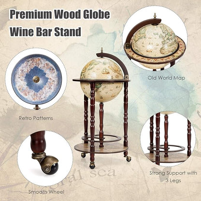 LDAILY 17.5’’ Wood Globe Bar, 16th Century Italian Replica Vintage Bar Cart with Wheels, Alcohol Cabinet with Liquor Storage, Bottom Shelf & Old World Map, Round Bar Cart for Home (Creamy White)