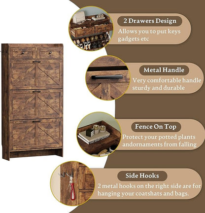 Shoe Storage Cabinet for Entryway, Farmhouse Narrow Shoe Cabinet with 3 Flip Drawers & 2 Top Drawers, Adjustable Shelves & Hooks, Freestanding Hidden Rack Organizer for Hallway, Foyer