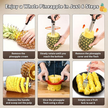 Pineapple Corer and Slicer, Stainless Steel Pineapple Cutter and Peeler Set, Robust Thick Blade, Effortless Slicing for Rings and Dices, Black Handle, Easy to Clean