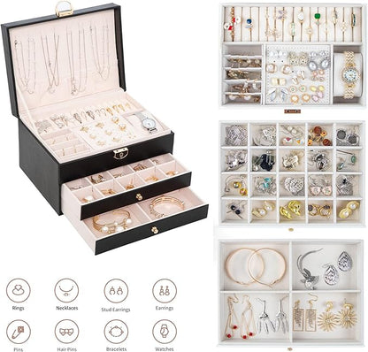 GUOER Jewelry Box for Women Girl Wife 3 Layers Large PU Leather Jewelry Organizer Storage Case with Two drawers Display for Earrings Bracelets Rings Watches (Black)