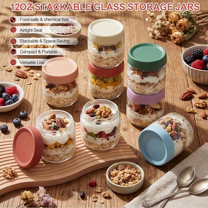 12 Pack Overnight Oats Containers with Lids, Wide Mouth Jars, Glass Food Storage Containers with Airtight Lids, CRYSTAL Storage Canister for Cereal Salad Spice Sugar (Bright Color,12oz)