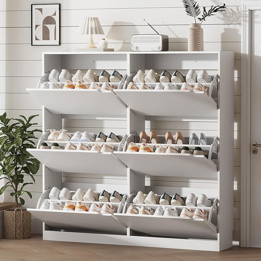 Xixini Shoe Storage Cabinet for Entryway with 6 Flip Drawers, Sturdy Wood Hidden Shoe Storage, Freestanding Narrow Slim Shoe Organizer for Front Door Entrance, Living Room, Hallway, Bedroom, White
