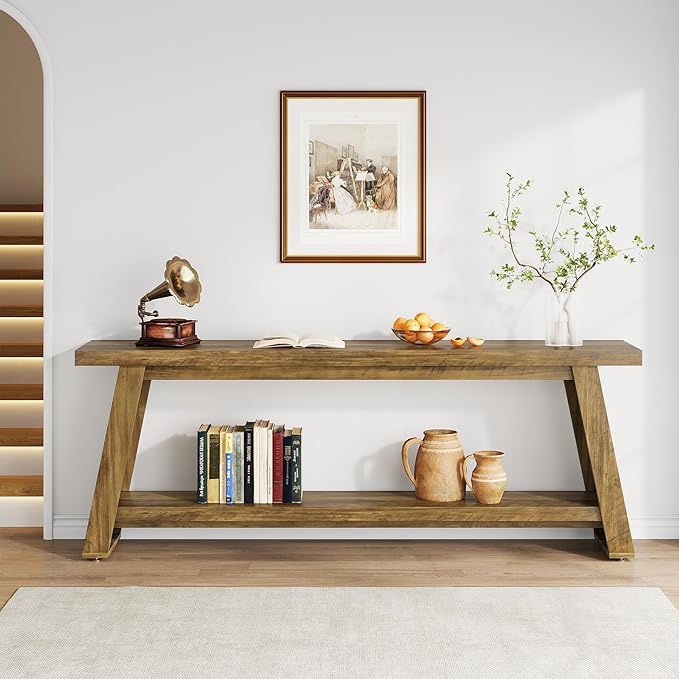 70.87-Inch Console Table for Entyrway, Extra Long Sofa Table Behind Couch, Farmhouse 2-Tier Entry Table for Hallway, Foyer, Oak Color