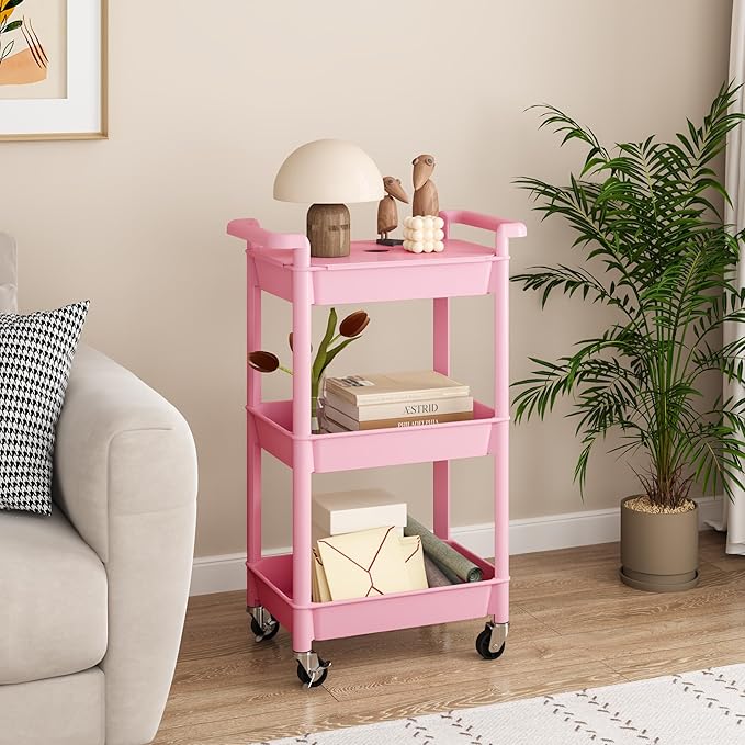 MIOCASA Utility Rolling Cart with Cover Top Board, 3-Tier Kitchen Storage Organization, Art Cart with Wheels for Office, Classroom, Livingroom, Kitchen, Bathroom (Pink, 3-Tier-Plastic)
