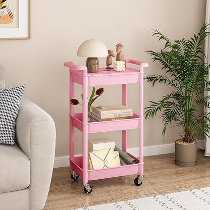 MIOCASA Utility Rolling Cart with Cover Top Board, 3-Tier Kitchen Storage Organization, Art Cart with Wheels for Office, Classroom, Livingroom, Kitchen, Bathroom (Pink, 3-Tier-Plastic)