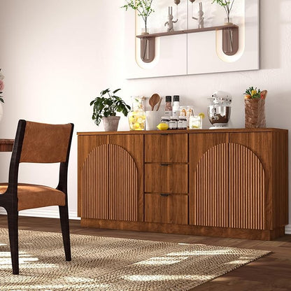 Brafab 67" Mid Century Modern Style Storage Sideboard with 4 Arched Reeded Design Doors and 3 Drawers with Adjustable Shelves, Suitable for Living Rooms, Studies and Dining Rooms (Walnut, 2 PCS)