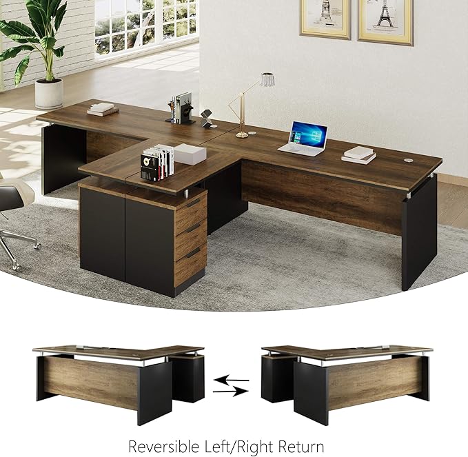 63 Inch L-Shaped Executive Desk Set of 2, Industrial Modern Wood Office Desk with 3 Drawers, Built-in Cable Management & Power Outlet, Real Wood Finish, Reversible Left/Right Return Home Workstation