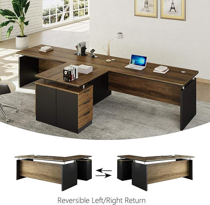 63 Inch L-Shaped Executive Desk Set of 2, Industrial Modern Wood Office Desk with 3 Drawers, Built-in Cable Management & Power Outlet, Real Wood Finish, Reversible Left/Right Return Home Workstation