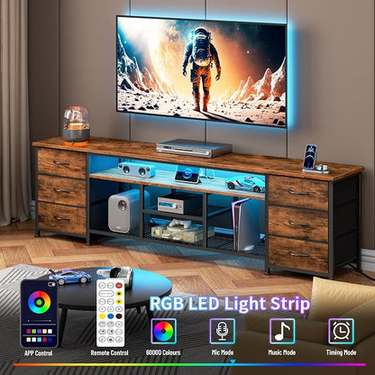 Furologee LED TV Stand for 65, 75, 80 Inch TV, 71 Inch Entertainment Center with Power Outlets, 6 Fabric Drawers Dresser for Bedroom, Media Console with Open Shelves, Rustic Brown