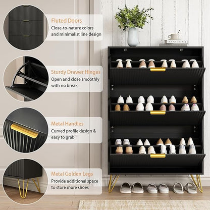 Shoe Cabinet with 3 Flip Drawers Narrow, Fluted Black Shoe Cabinet Storage for Entryway Slim, Hidden Shoe Storage Cabinet, Modern Freestanding Shoe Rack Organizer for Entryway, Black