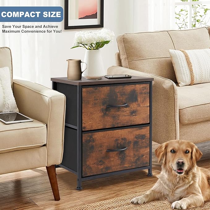 DUMOS Nightstand Small Dresser with 2 Fabric Drawers Side Tables Bedroom End Table Kids Bedside Storage Furniture for 20 inch Tall Night Stand for Closet, Entryway, College Dorm, Rustic Brown 2 Pack