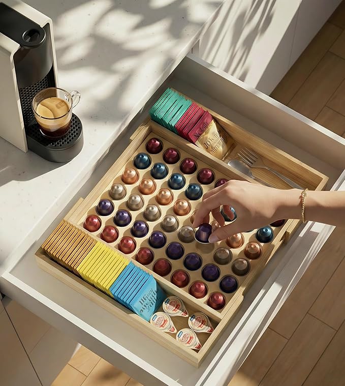 for Nespresso Original Capsules - Expandable Bamboo Coffee Pod Storage for Counter Drawer Insert - 48 Capsules & Tea Bags Organizer (Expands from 11.6" to 18")