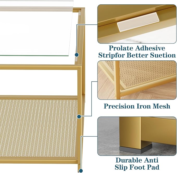 Gold Glass Coffee Table, Square Coffee Tables with Storage Shelf, Simple Tea Cocktail Modern Center Tables for Small Space, Living Room, Easy Assembly, 26 * 26in（Gold）