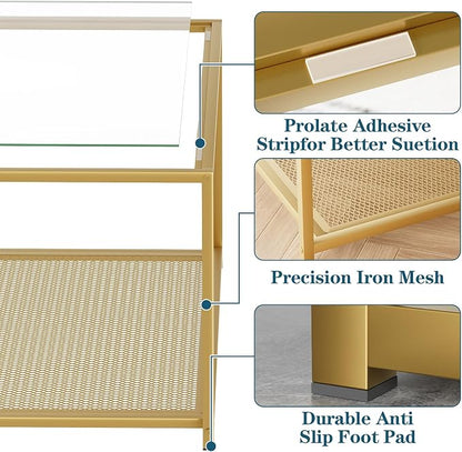 Gold Glass Coffee Table, Square Coffee Tables with Storage Shelf, Simple Tea Cocktail Modern Center Tables for Small Space, Living Room, Easy Assembly, 26 * 26in（Gold）