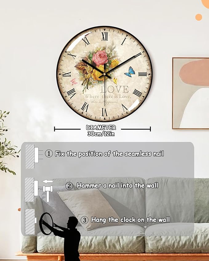 Decorative Wall Clocks Batterys Operated, Retro Wall Clock with Glass Dial, 12-Inch Dial with Roman Numerals, Silent and No Ticking, Suitable for Living Room, Bedroom, Dining Area, Workspace