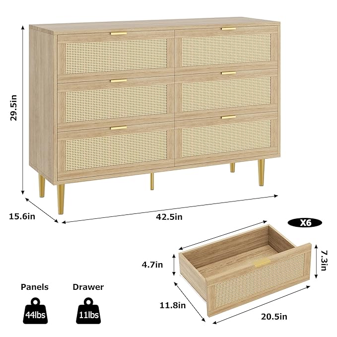 IDEALHOUSE Rattan 6 Drawer Dresser for Bedroom, Modern Chest of Drawers with Gold Legs and Gold Handles, Wide Double Dresser with Large Tabletop and Anti-Tipping Design for Bedroom Living Room, Oak