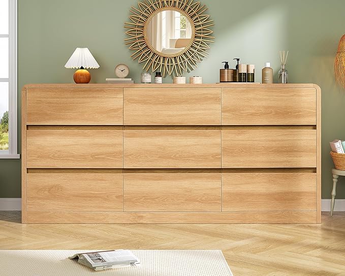 TEENFON 9 Drawer Dresser for Bedroom, 63" Wide Dressers & Chest of Drawers with Curved Profile Design, Wood Closet Storage Dressers Organizer for Bedroom, Living Room, Natural