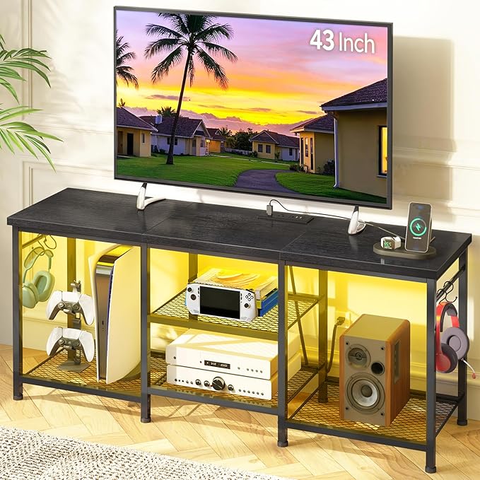 YGEOMER Black Entertainment Stand for Up to 50 Inch TVs, Tv Stand with Outlet Led Lights Open Storage Shelves, TV Consoles for Living Room, Bedroom