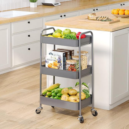 TOOLF 3-Tier Rolling Cart - Metal Utility Storage Organizer with Lockable Wheels, 33 lbs Per Shelf, Tool-Free 5-Min Assembly, for Kitchen Bathroom Office Nursery Craft Room, Grey