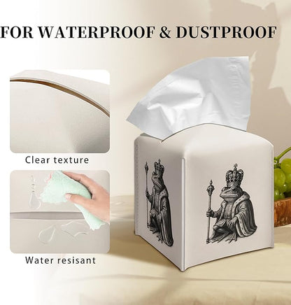 Grace Yonks Vintage Tissue Box Cover Square - Frog King Illustration Design 5.2" PU Leather Holder for Vanity, Desk, or Bathroom Counter - Cube Case for Facial Tissues. (117)