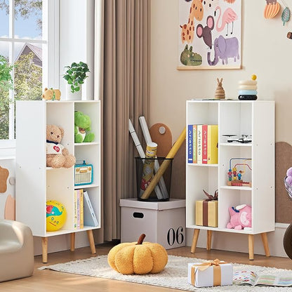 LEYAOYAO 5 Cube Bookshelf 3-Tier Bookcase with Legs,Mint White Kids Book Shelf Cute Storage Organizer,Free Standing Open Toy Shelves Wood Bookshelves,Display Bookcases for Bedroom,Living Room,Nursery