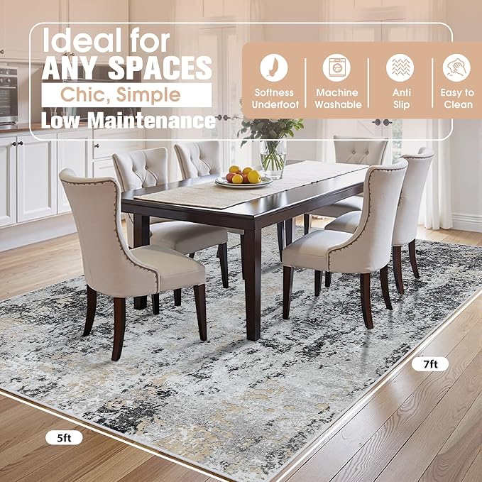 5x7 Area Rugs for Living Room Rug Washable: Abstract Rug for Dining Room Bedroom Carpet Non Slip 5 by 7 Indoor Modern Nursery Home Office Black Grey Gold