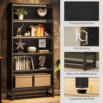 Tribesigns Tall Bookcase Black Bookshelf, 70.8” Large Bookcases Organizer with LED Lights, Heavy Duty Free-Standing Library Bookshelf with 5-Tier Storage Shelves for Living Room, Bedroom (Black)