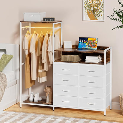 Dresser with Clothes Rack,58" H Clothing Rack with Fabric Drawers & LED Lights,Clothes Racks for Hanging Clothes,8 Drawers Dresser,Garment Rack for Bedroom with Charging Station,White