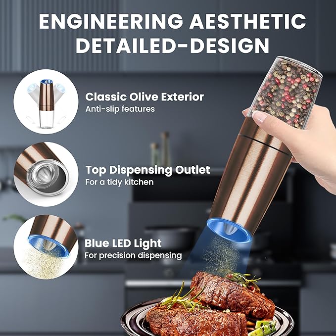 UNNEES Gravity Electric Salt and Pepper Grinder set of 2, Automatic Salt And Pepper Grinder Set, Adjustable Roughness, Battery Powered, LED Light, 2 Pack, (Copper)