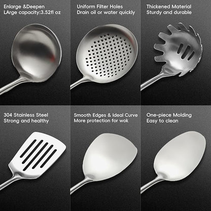 18/10 Stainless Steel Kitchen Utensils Set with Wood Handle Metal Cooking Utensils Set 10 Piece - Spatula, Spoon, Ladle, Skimmer, Slotted Turners, Pasta,Turner, Ladl, Fork
