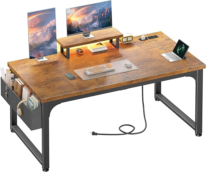 55 x 24 inch Desk with Power Outlets, Computer Desk with 0.95 Inch Thicker Desktop & Monitor Stand & Light & Storage Bag, Office Writing Desk for Home Office, Study, Bedroom, Brown