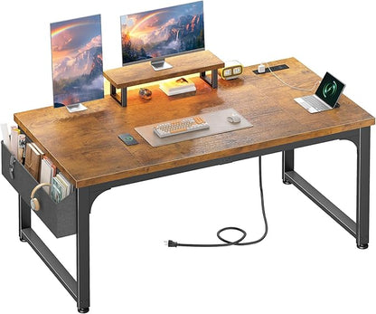55 x 24 inch Desk with Power Outlets, Computer Desk with 0.95 Inch Thicker Desktop & Monitor Stand & Light & Storage Bag, Office Writing Desk for Home Office, Study, Bedroom, Brown