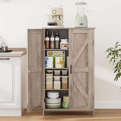 Homleke Farmhouse Bathroom Cabinet with Adjustable Shelves, Free-Standing Storage Cabinet with Barn Doors, for Kitchen, Living Room, Dining Room, Entryway, Greige