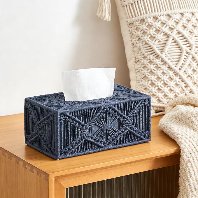 Woven Macrame Boho Tissue Box Cover Rectangular for Home Decor,Resin Heavy Woven Tissue Box Holder for Bathroom Kitchen Countertop,Bedroom, Vanity, Night Stand, Office, Waterproof Durable (Blue)