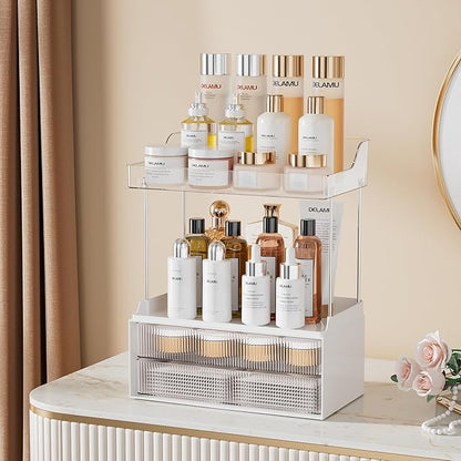Delamu Bathroom Organizers and Storage, 2 Tier 2 Drawer Makeup Organizer Countertop, Easy to Install, Ideal for Bathroom Counter, Vanity, Ideal for Women Girls, Clear