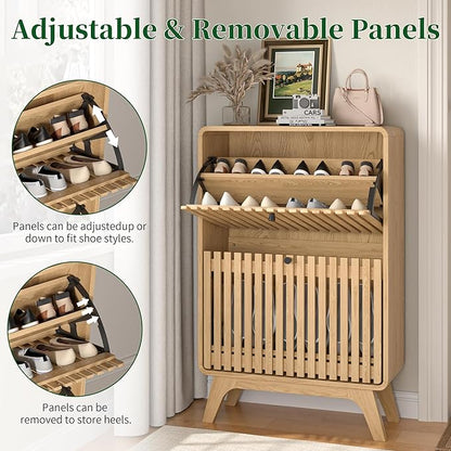 Narrow Shoe Cabinet Storage for Entryway, Modern Cabinet Rack with 2 Flip Drawers, Slim Wood Fluted Entry Way Shoe Organizer, Wooden, Small, Farmhouse, Freestanding, Natural Oak (39.4 Inch)